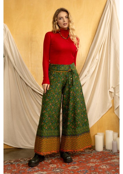 Düşük Bel Düğmeli Bol Paça Pantolon