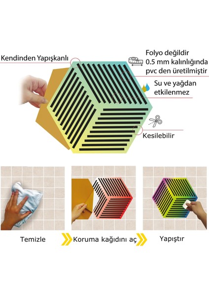 Kendinden Yapışkanlı Renkli Geometrik Altıgen Pvc Karo 27X31 cm