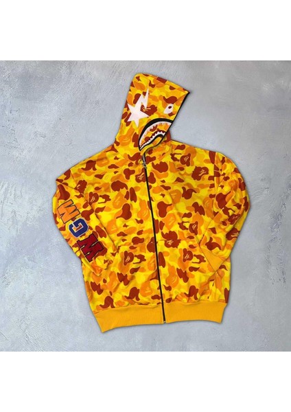 Tarz Yeri Unisex 2 Iplik Bape Kapüşonu Fermuarlı Hırka - Sarı