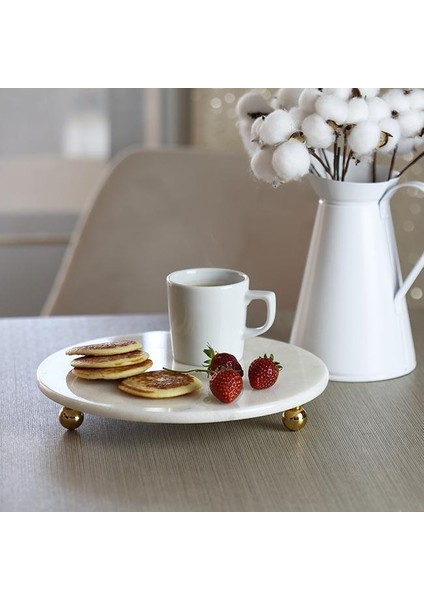 Mermer 19 Cm Altın Boncuk Ayaklı Sunumluk, Yağlık Altlığı Stantı, Doğal Mermer