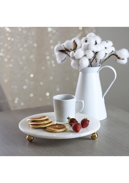 Mermer 19 Cm Altın Boncuk Ayaklı Sunumluk, Yağlık Altlığı Stantı, Doğal Mermer