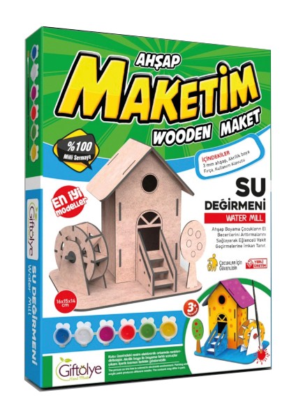 Ahşap Su Değirmeni Boyama Maketi Seti (Maket+Boya+Fırça)