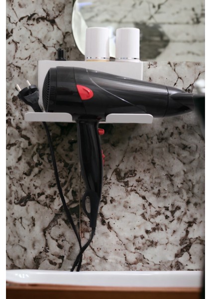 Beyaz Metal Yapışkanlı Saç Kurutma Askısı, Yapışkanlı Banyo Düzenleyici Organizer Fön Makinelik MT83B