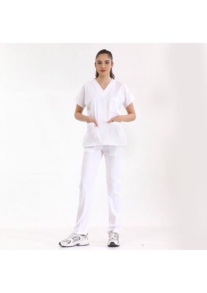 Beyaz Lüks Likralı Üniforma Takımlar Yüksek Kaliteli Likralı Scrubs