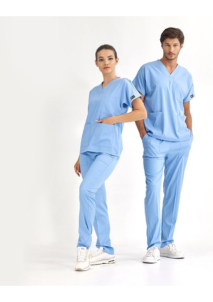 Açık Mavi Lüks Likralı Üniforma Takımlar Yüksek Kaliteli Likralı Scrubs