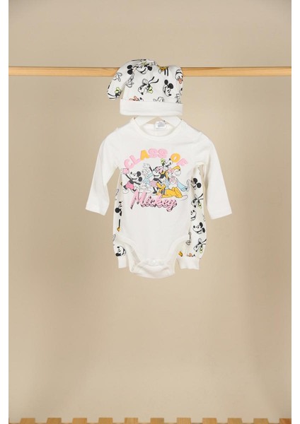 03-18 Ay Kız Bebek Ekru Renk Minnie Mouse Lisanslı Üçlü Takım