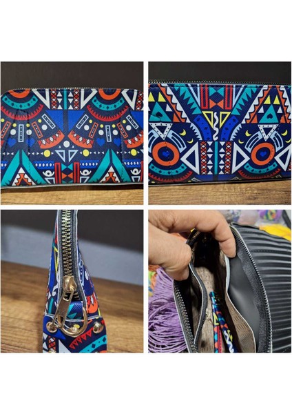 Kadın Renkli Motif Desenli El Askılı Portföy Clutch