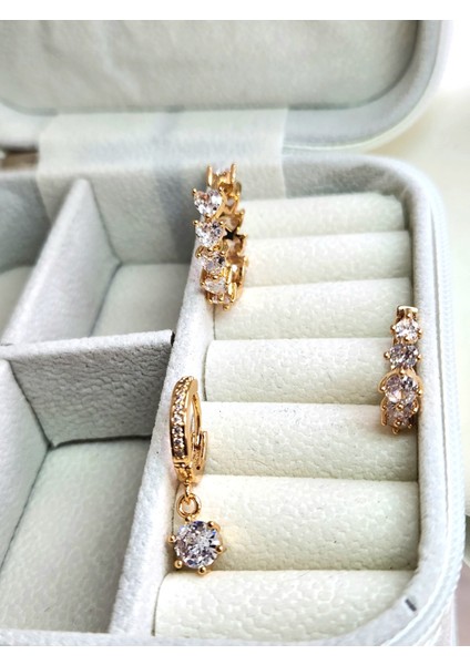 3'lü Zirkon Damla Taşlı Halka Altın Kaplama Gold Renk Çelik Küpe Seti fiyatları