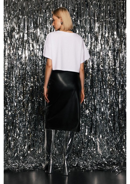 Suni Deri Yırtmaçlı Midi Etek fiyatları