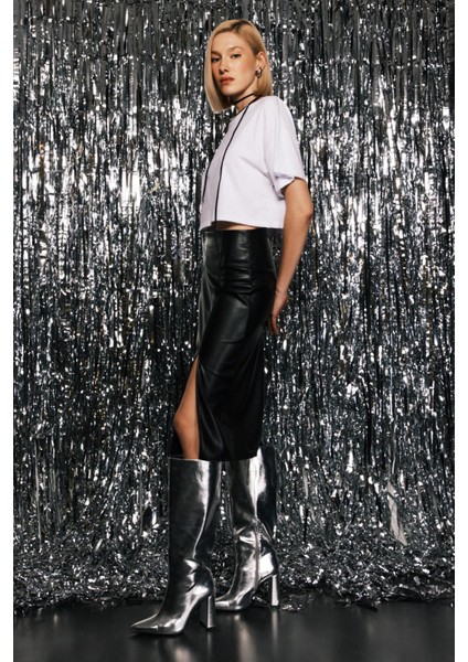 Suni Deri Yırtmaçlı Midi Etek modelleri