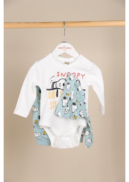 03-18 Ay Erkek Bebek Ekru- Mint Yeşili Snoopy Lisanslı Üçlü Takım
