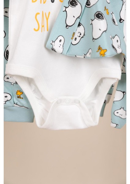 03-18 Ay Erkek Bebek Ekru- Mint Yeşili Snoopy Lisanslı Üçlü Takım modelleri