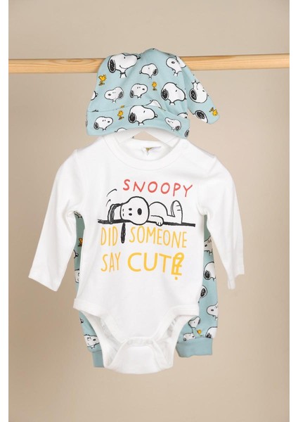 03-18 Ay Erkek Bebek Ekru- Mint Yeşili Snoopy Lisanslı Üçlü Takım fırsatları