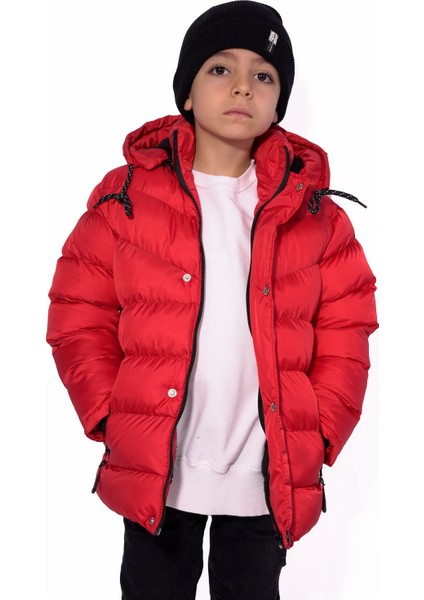 Erkek Çocuk Mont Kürklü Peluş Astarlı Çıkarılabilir Kapüşonlu Kırmızı Mont