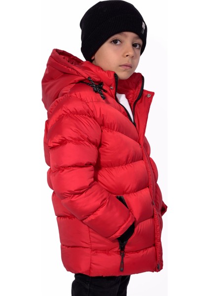 Erkek Çocuk Mont Kürklü Peluş Astarlı Çıkarılabilir Kapüşonlu Kırmızı Mont modelleri