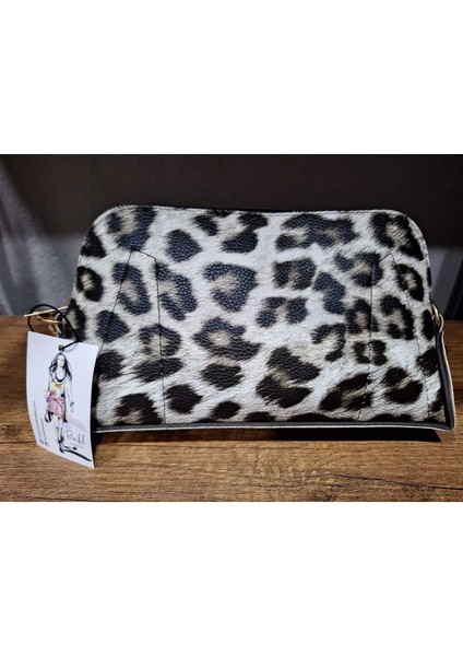 Kadın Siyah Beyaz Leopar Desenli El Askılı Portföy Clutch