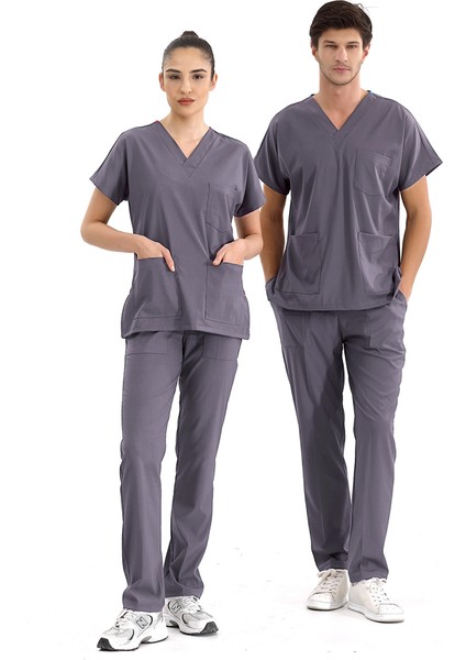 Kurşuni Gri Likralı Üniforma Takımlar Yüksek Kaliteli Likralı Scrubs