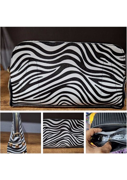 Kadın Siyah Beyaz Zebra Desenli El Askılı Portföy Clutch