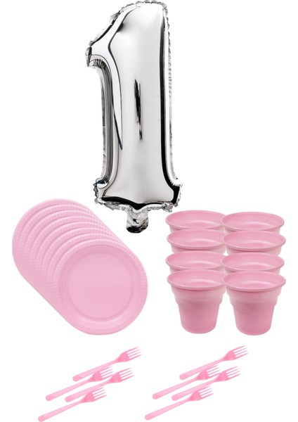 8 Tabak 8 Bardak 8 Çatal ( Pembe ) Rakam Folyo Balon 1 Yaş ( Gümüş )