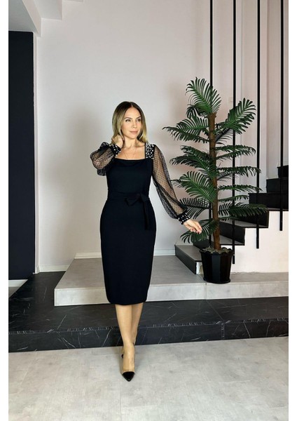 G0826 Kare Yaka İnci Detaylı Abiye Elbise Siyah