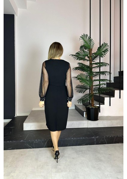 G0826 Kare Yaka İnci Detaylı Abiye Elbise Siyah fiyatları