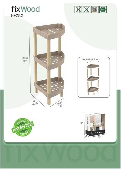 FIX-2002 Ahşap 3 Katlı Plastik Köşe Raf Bej