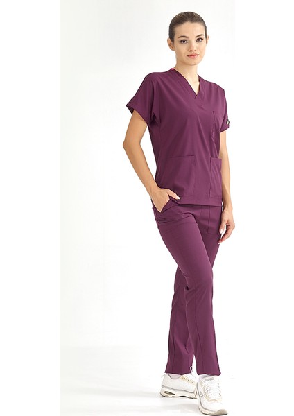 Mürdüm Likralı Üniforma Takımlar Yüksek Kaliteli Likralı Scrubs