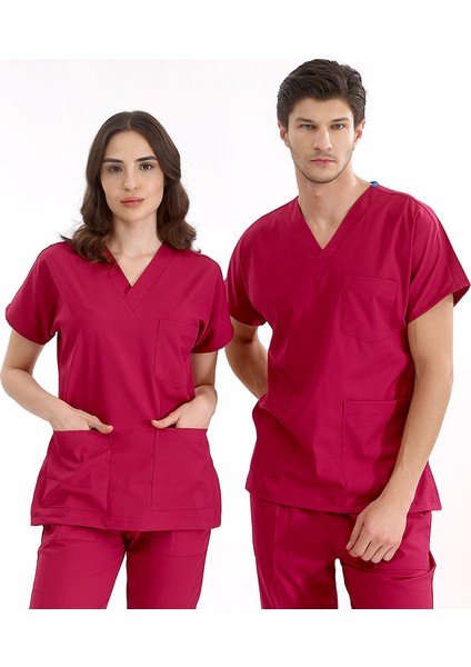 Vişne Likralı Üniforma Takımlar Yüksek Kaliteli Likralı Scrubs