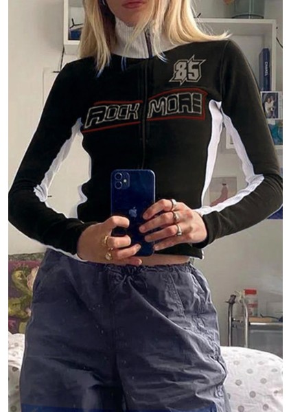 Siyah Retro Rock More Fermuarlı Crop Hırka