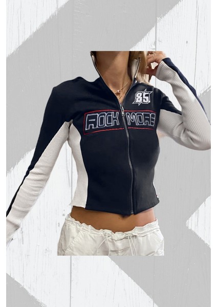 Siyah Retro Rock More Fermuarlı Crop Hırka modelleri