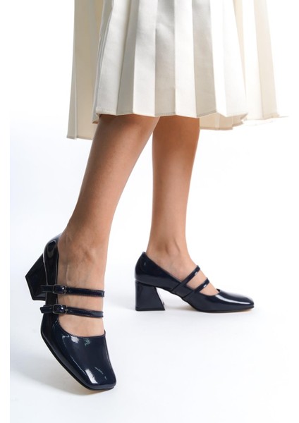 Culia Lacivert Rugan Mary Jane Çift Bant Küt Burun Topuklu Ayakkabı modelleri