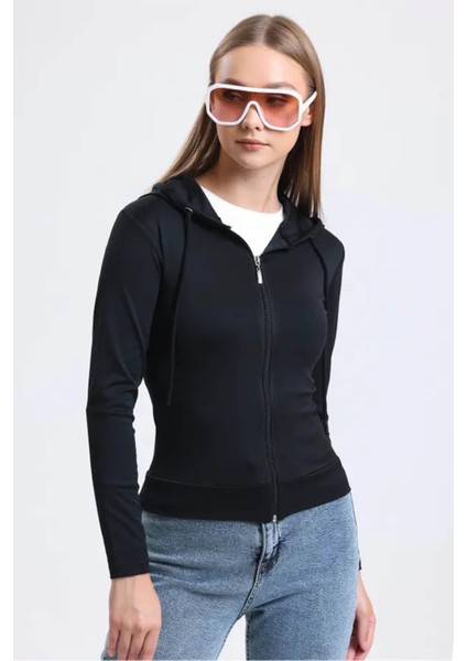 Kadın Siyah Kapüşonlu Fermuarlı Scuba Kumaş Sweatshirt
