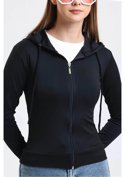 Kadın Siyah Kapüşonlu Fermuarlı Scuba Kumaş Sweatshirt