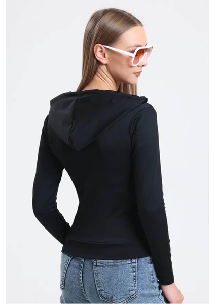Kadın Siyah Kapüşonlu Fermuarlı Scuba Kumaş Sweatshirt