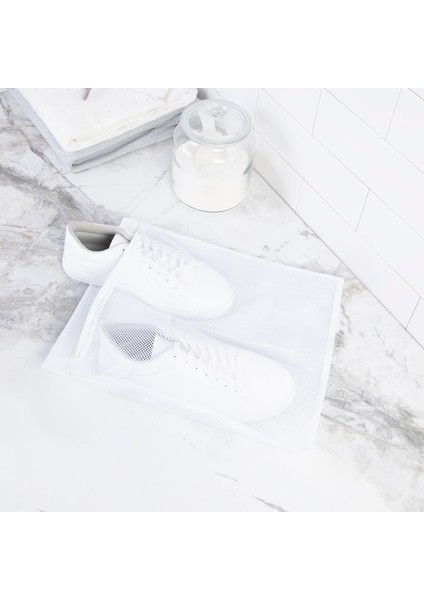 Beyaz Fermuarlı Ayakkabı Çamaşır Yıkama Filesi Torbası 35x40 cm