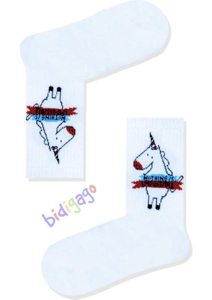 Unicorn Desenli Beyaz Kolej Çorap