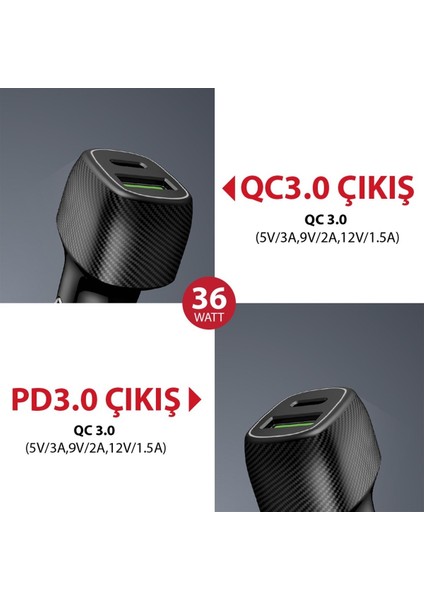 Type-C USB Araç Çakmaklık 36W Pd Hızlı Şarj Soketi Araba Usb-C Şarz Iphone Samsung Xiaomi Uyumlu