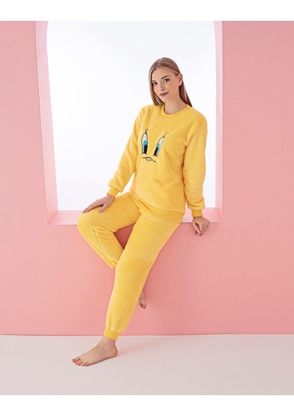 Civciv Desenli Anne Kız Çocuk Kombin Peluş Pijama Takımı (Anne Kız Ayrı Satılır.)