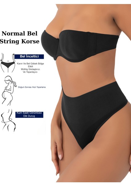 Kadın Siyah Renk Normal Bel String Korse Dikişsiz Fit Toparlayıcı Popo Külot Women