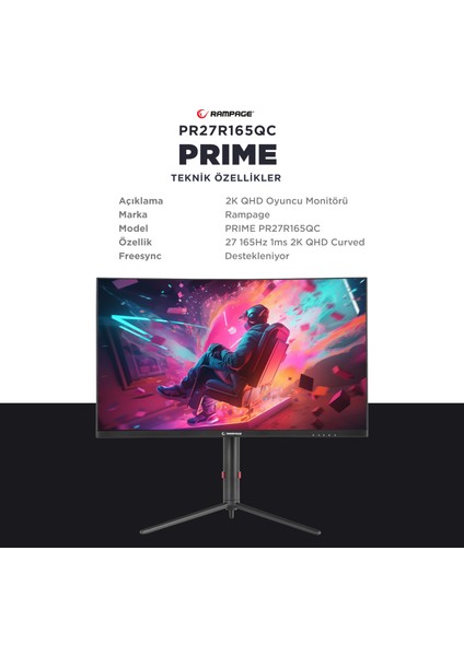 Prime PR27R165QC 27 165Hz 1ms Csot Va Qhd 2k Freesync Rgb Pivot Pc Curved Oyuncu Monitörü