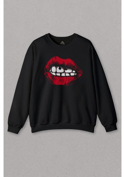 Unisex Sweatshirt Seksi Dudaklar Sexy Piercing Kadın Ağzı Baskılı Sweat