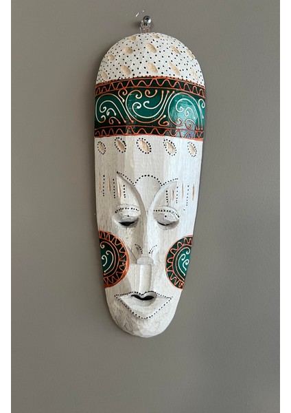 Eskitme Beyaz Yeşil Boyalı Ahşap Totem Maske Duvar Dekoru -30 cm