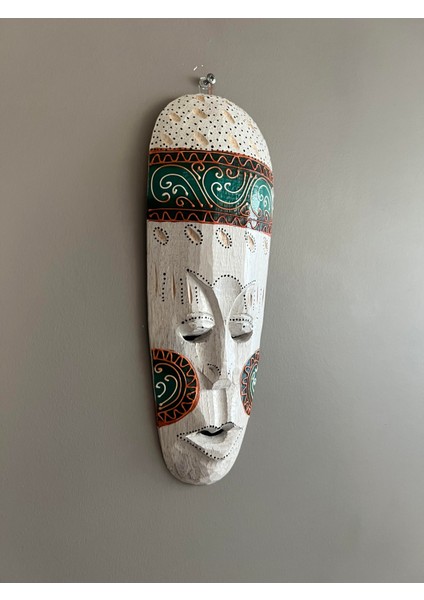 Eskitme Beyaz Yeşil Boyalı Ahşap Totem Maske Duvar Dekoru -30 cm