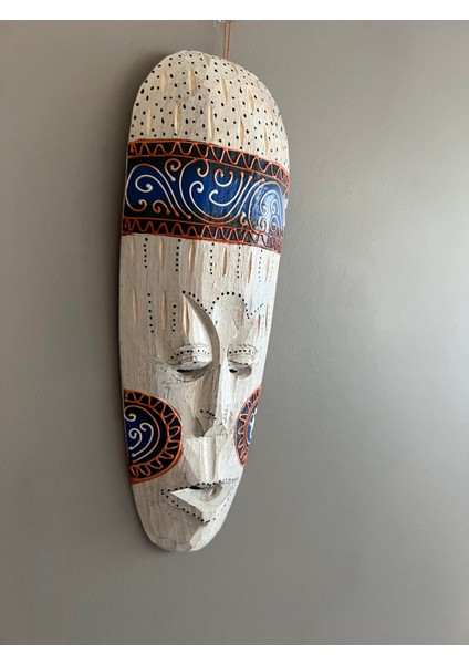 Eskitme Beyaz Mavi Boyalı Ahşap Totem Maske Duvar Dekoru -30 cm