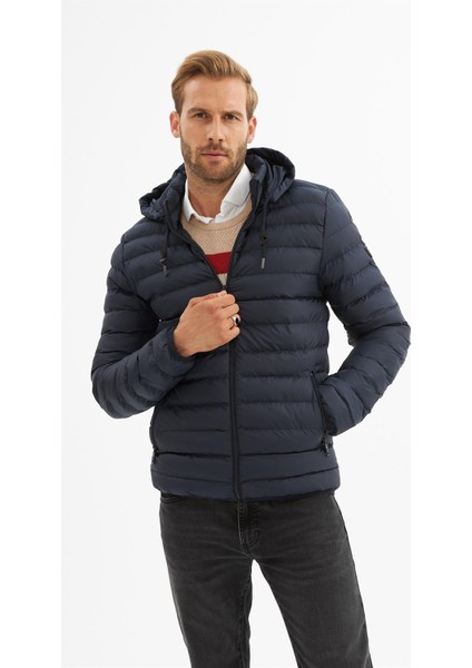Erkek Çıkarılabilir Kapüşonlu Basic Şişme Mont Lacivert - 32DNGR