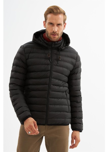 Erkek Çıkarılabilir Kapüşonlu Basic Şişme Mont Siyah - 32DNGR