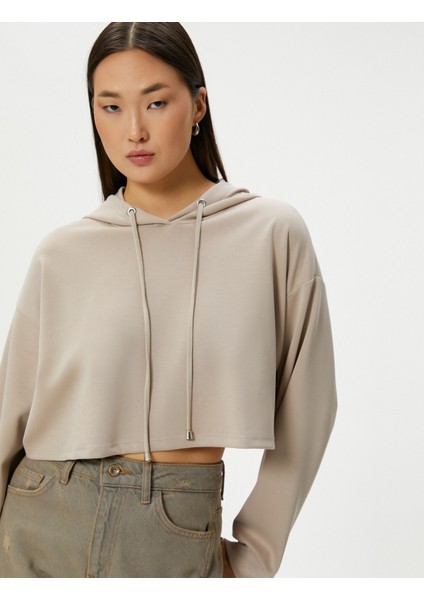 Kapşonlu Crop Sweatshirt Uzun Kollu