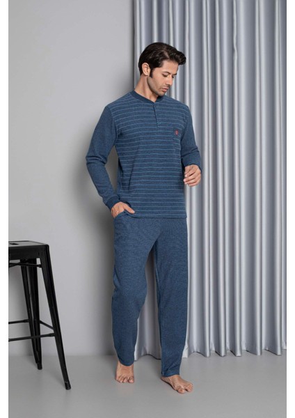 Erkek 3 Düğme Uzun Kol Göğüs Cepli Selanik Kumaş Kışlık Cepli Pijama Takımı