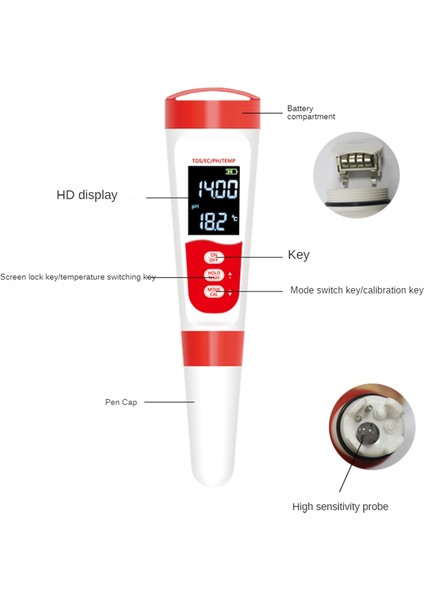 Ph Ölçer, Dijital 4'ü 1 Arada Ph Ec Tds Su Hidroponiği Için Sıcaklık Ölçer, Su Geçirmez ve Laboratuvar Için Ec Ppm Su Test Cihazı (Yurt Dışından)