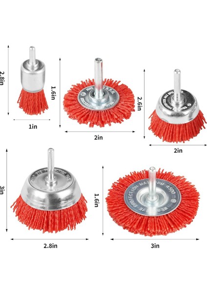 5 Pcs Naylon Filament Aşındırıcı Tel Fırça Tekerleği ve Fincan Fırça Seti, 1/4 Inç Matkap Saplı, Naylon Matkap Fırça Seti, Kırmızı (Yurt Dışından)